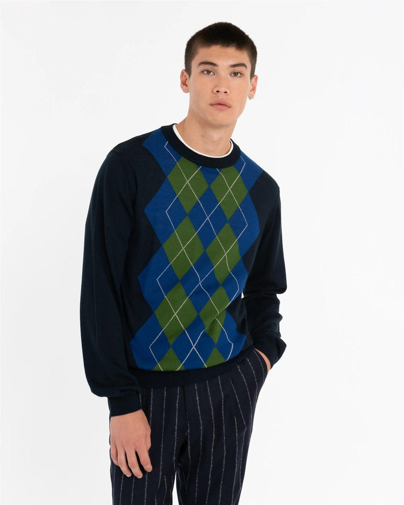MANUEL RITZ Men's Blue Sweater - ARGYLE ROUND NECK SWEATER