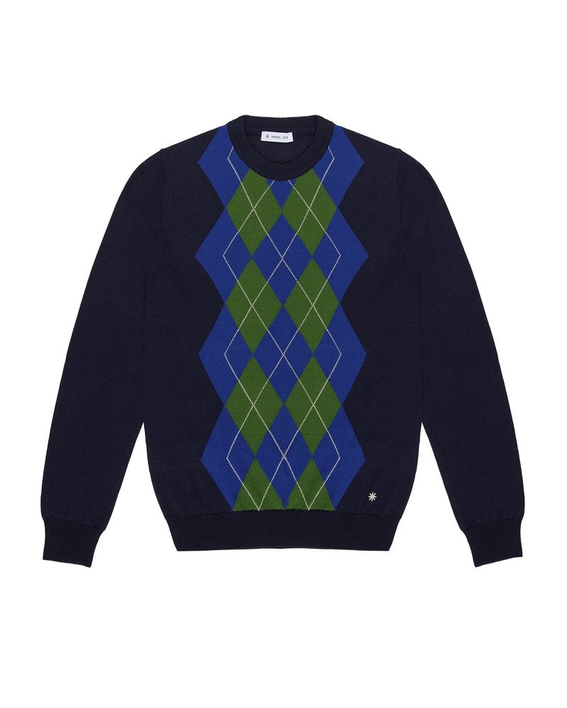 MANUEL RITZ Men's Blue Sweater - ARGYLE ROUND NECK SWEATER