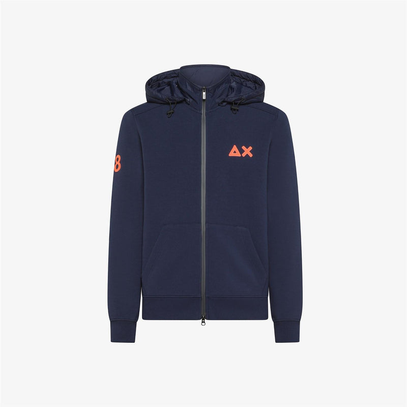 SUN68 Men's Navy Blue Sweatshirt - BOMBER NYLON DOUBLE HOOD FLEECE TECH