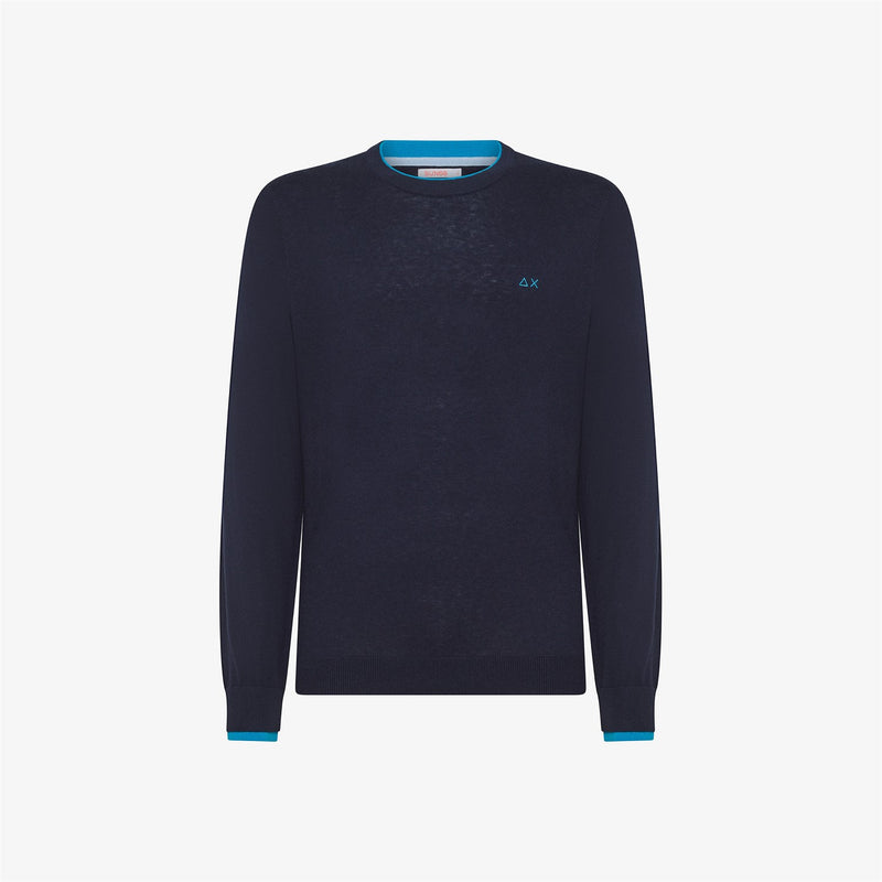SUN68 Men's Navy Blue Sweater - Round Double Rib
