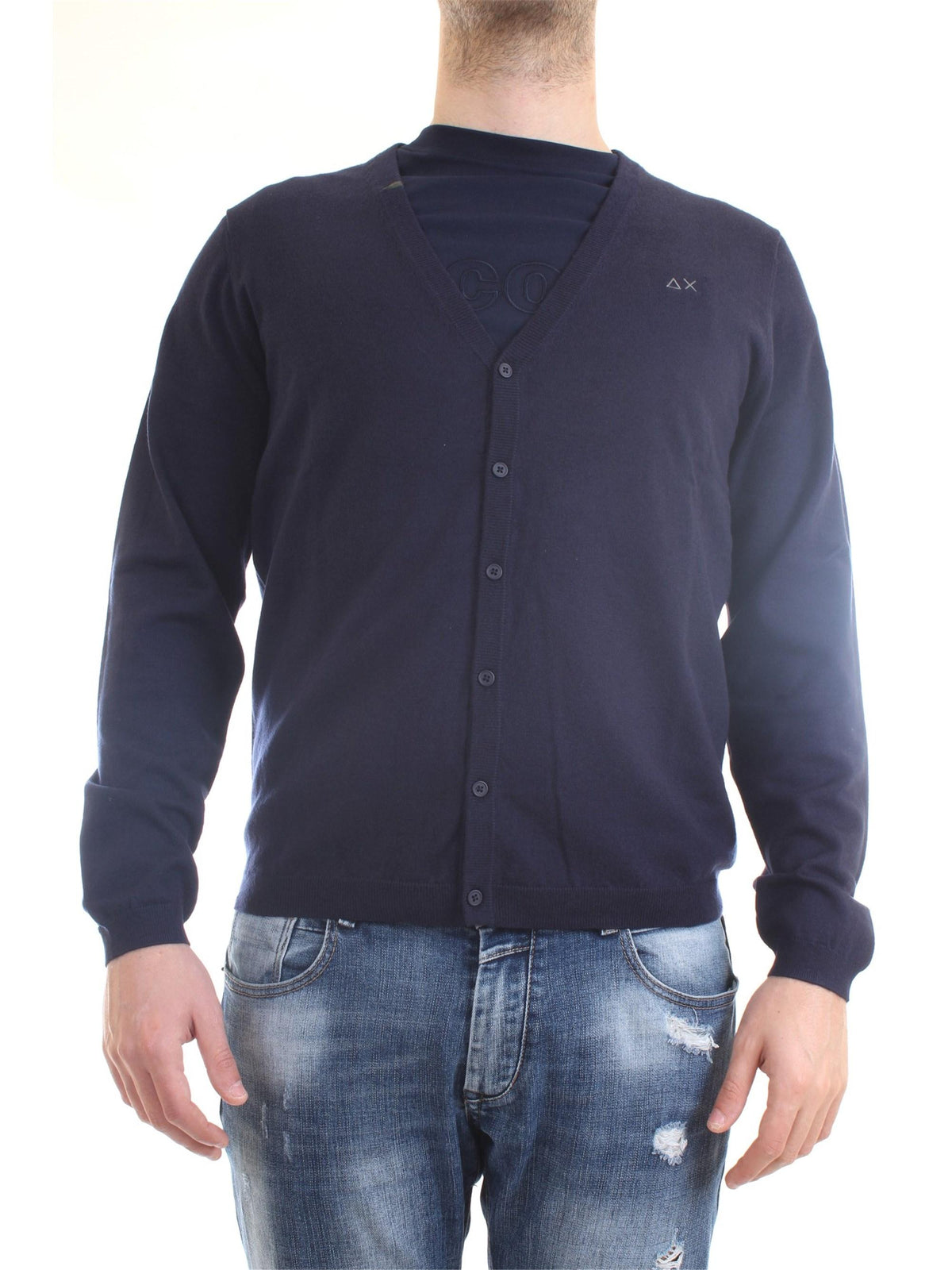 SUN68 Men's Cardigan Blue - Solid V-Neck Cardigan